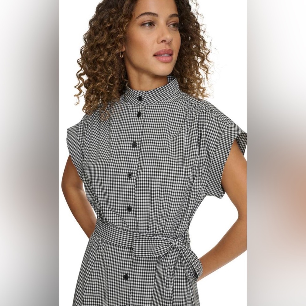 NWOT CALVIN KLEIN Midi Shirtdress Short Sleeve Black/White Gingham w/Belt 10 - Picture 5 of 16